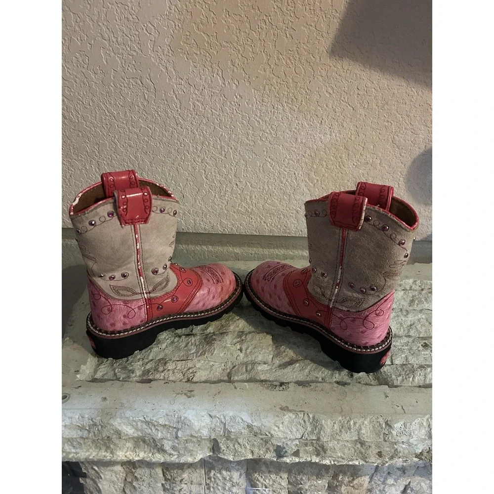 Youth Girl's Size 8.5 Ariat Fatbaby Cowgirl Boots Pink Flower Rhinestone